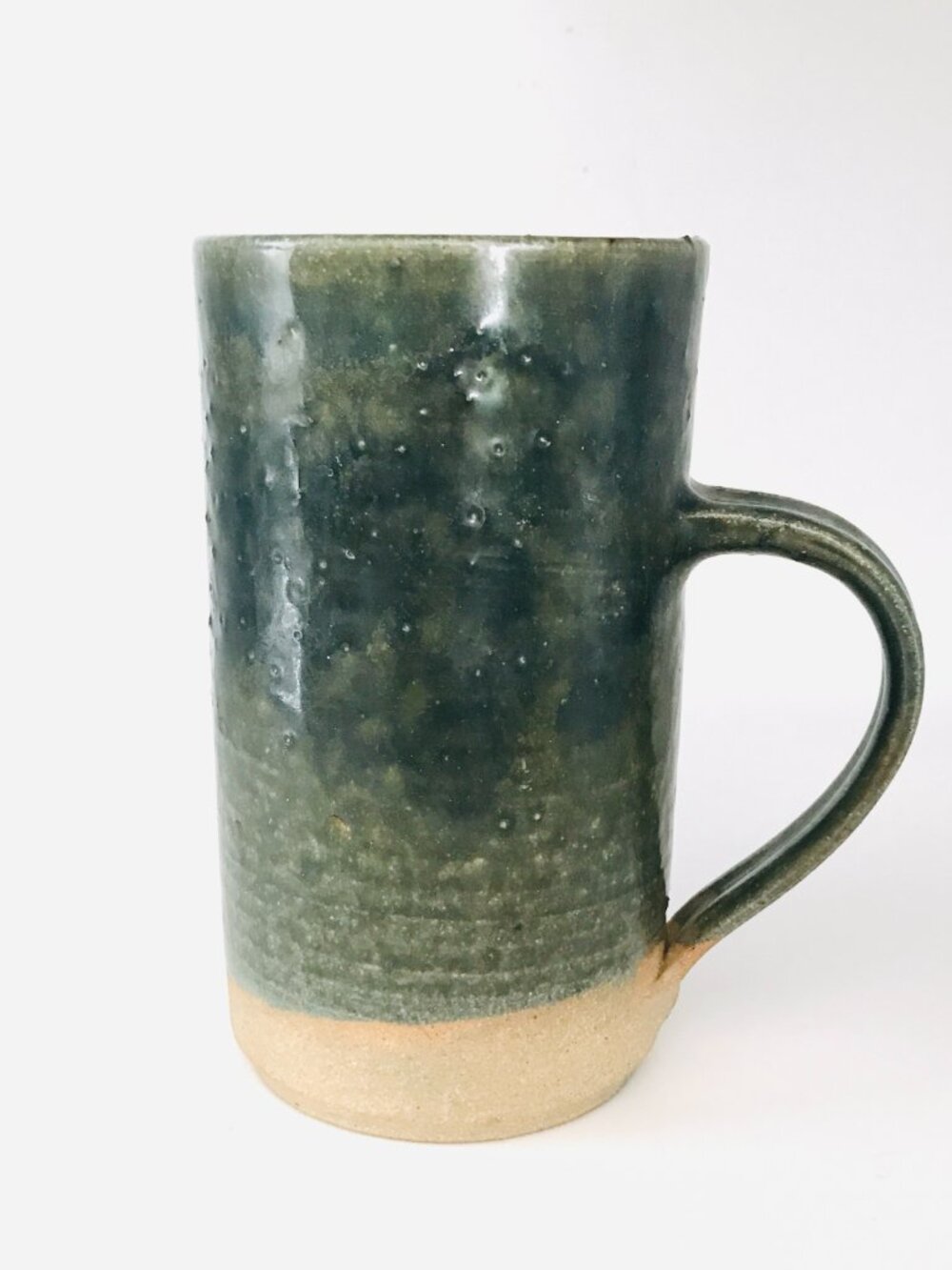 Sara Behling Studio Pottery Tall Mug Stoneware Green Signed 10 Oz.